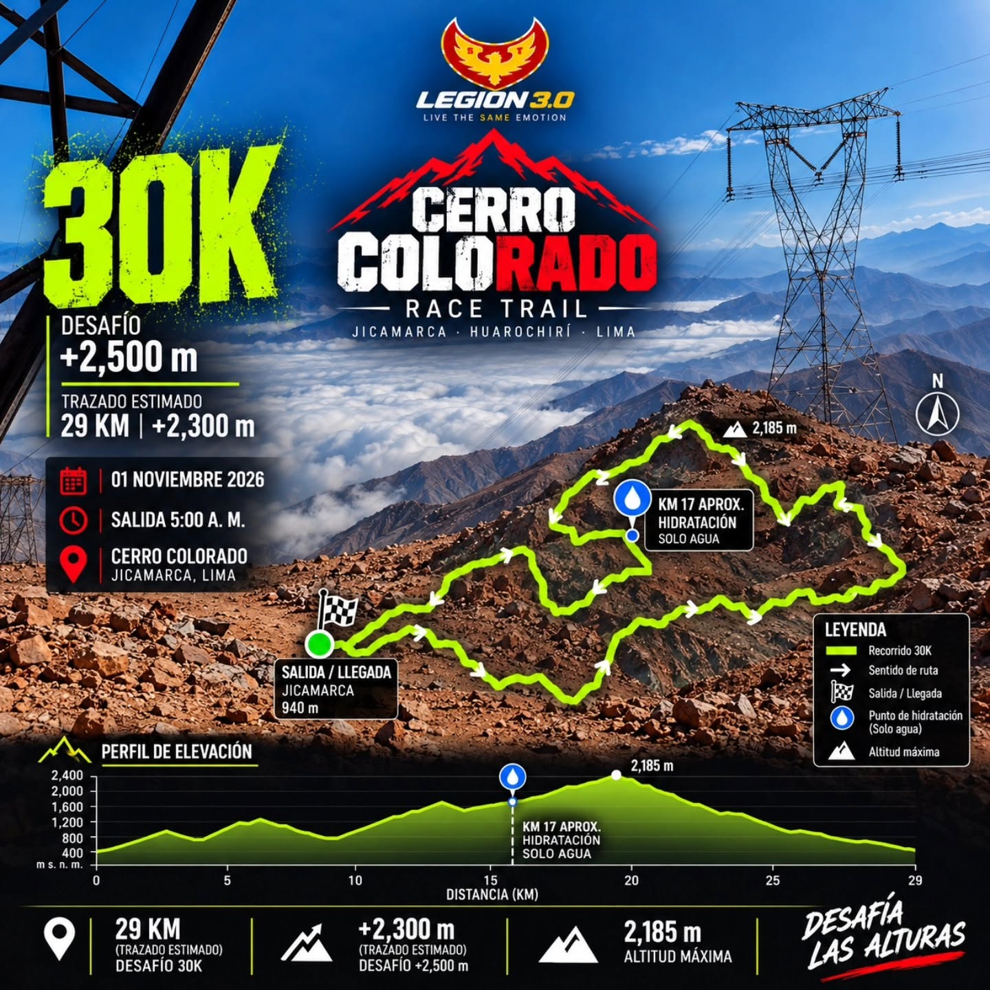 Mapa y perfil de elevación del 30K de Cerro Colorado Race Trail